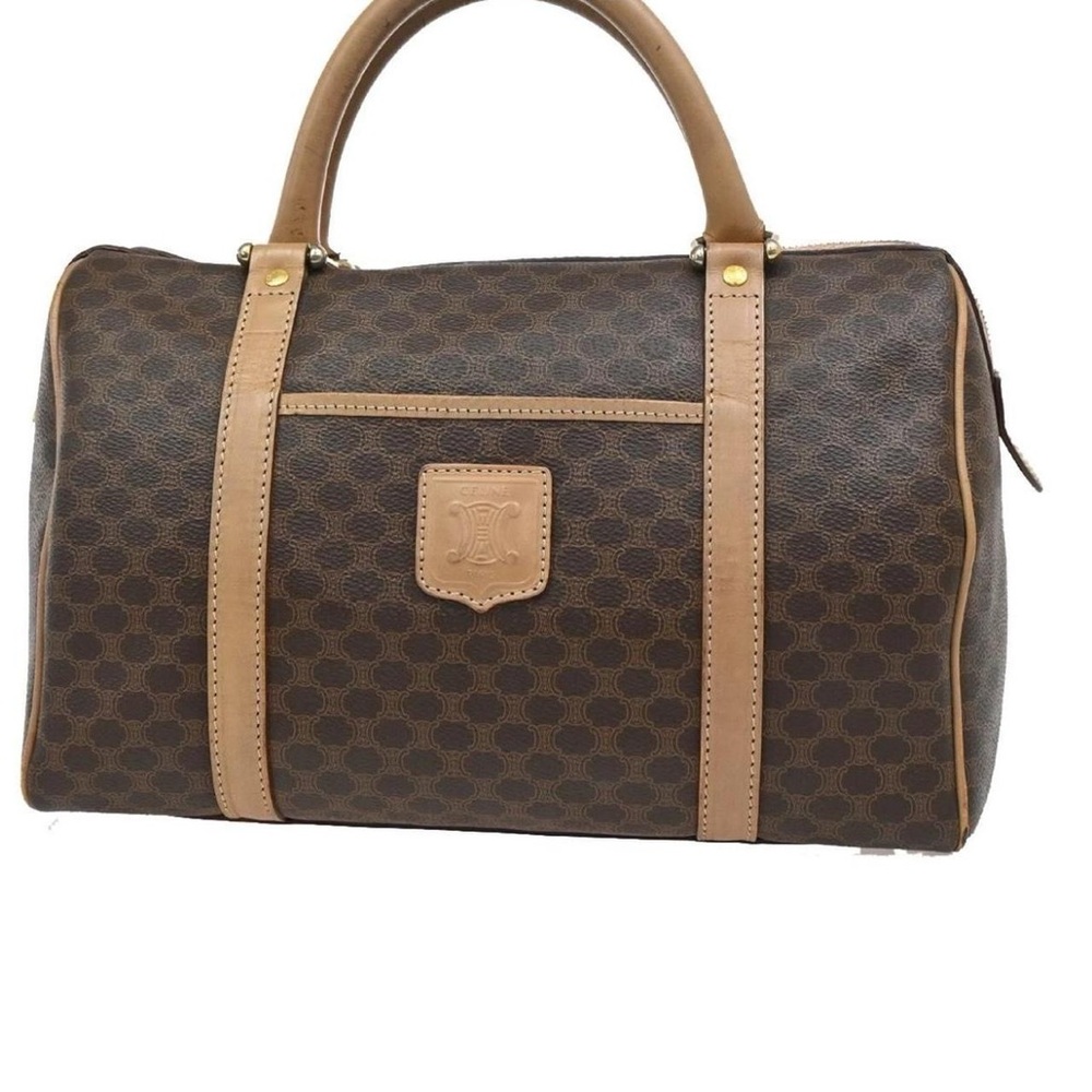 Authentic CELINE Logo Macadam Pattern Boston Bag PVC Leather Brown